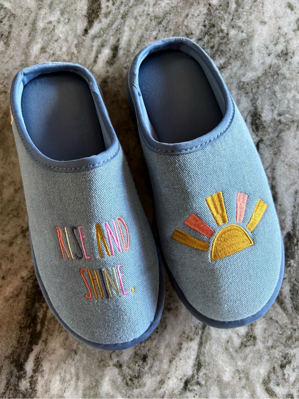 Rae Dunn—Rise and Shine Denim Blue Memory Foam Slippers (Medium, Size 7-8)